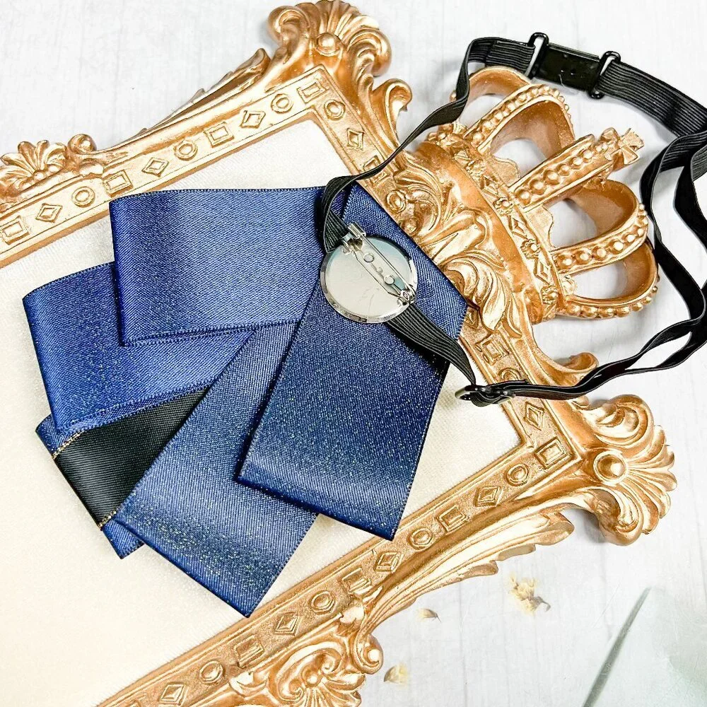 Blue crystal bowtie, Kid's Necktie, Black Crystal Brooch, Kids Size, 2 in 1